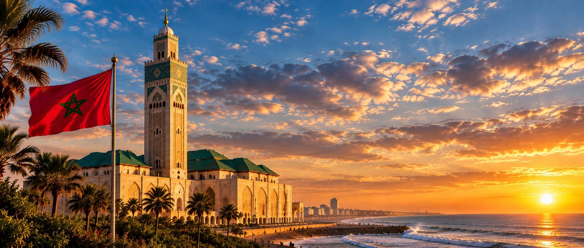 مئذنة وعلم المغرب عند شروق الشمس على الساحل
