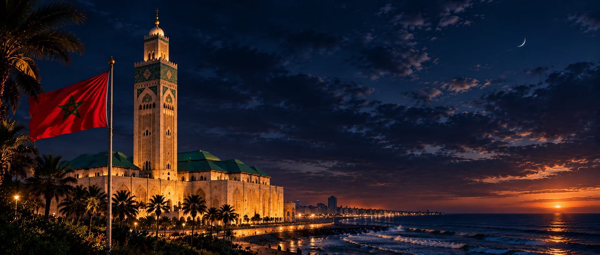مئذنة وعلم المغرب تحت سماء الليل والهلال