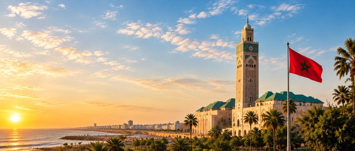 Minaret et drapeau marocain sous un ciel dégagé